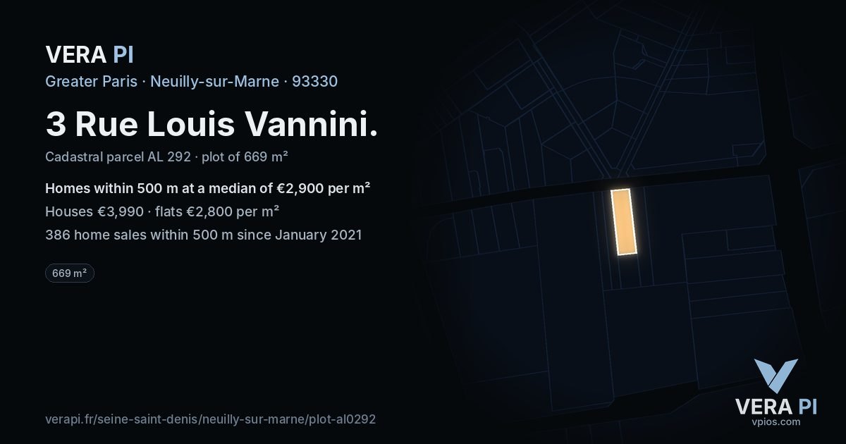 3 Rue Louis Vannini, Neuilly-sur-Marne at night – the plot lit, the parcels around coloured by the prices near them