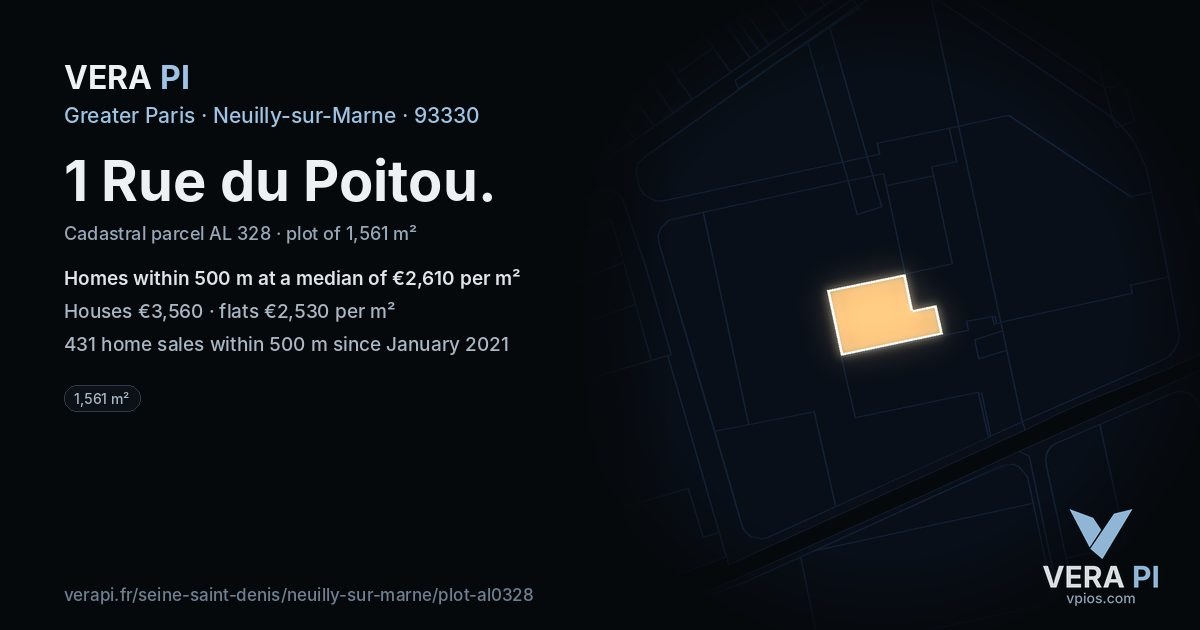 1 Rue du Poitou, Neuilly-sur-Marne at night – the plot lit, the parcels around coloured by the prices near them