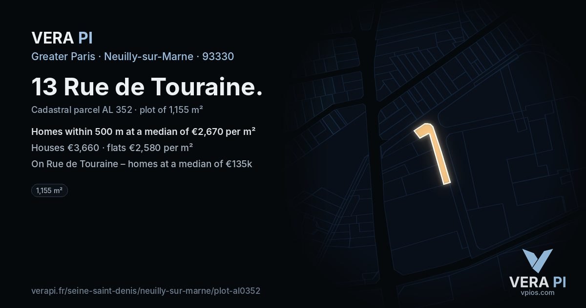 13 Rue de Touraine, Neuilly-sur-Marne at night – the plot lit, the parcels around coloured by the prices near them