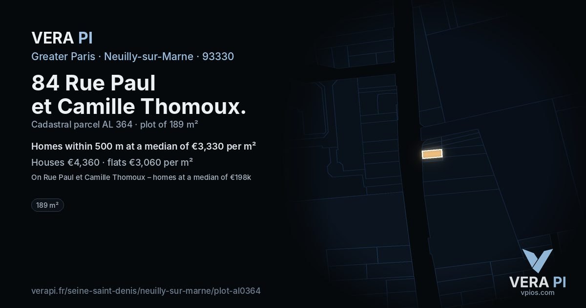 84 Rue Paul et Camille Thomoux, Neuilly-sur-Marne at night – the plot lit, the parcels around coloured by the prices near them