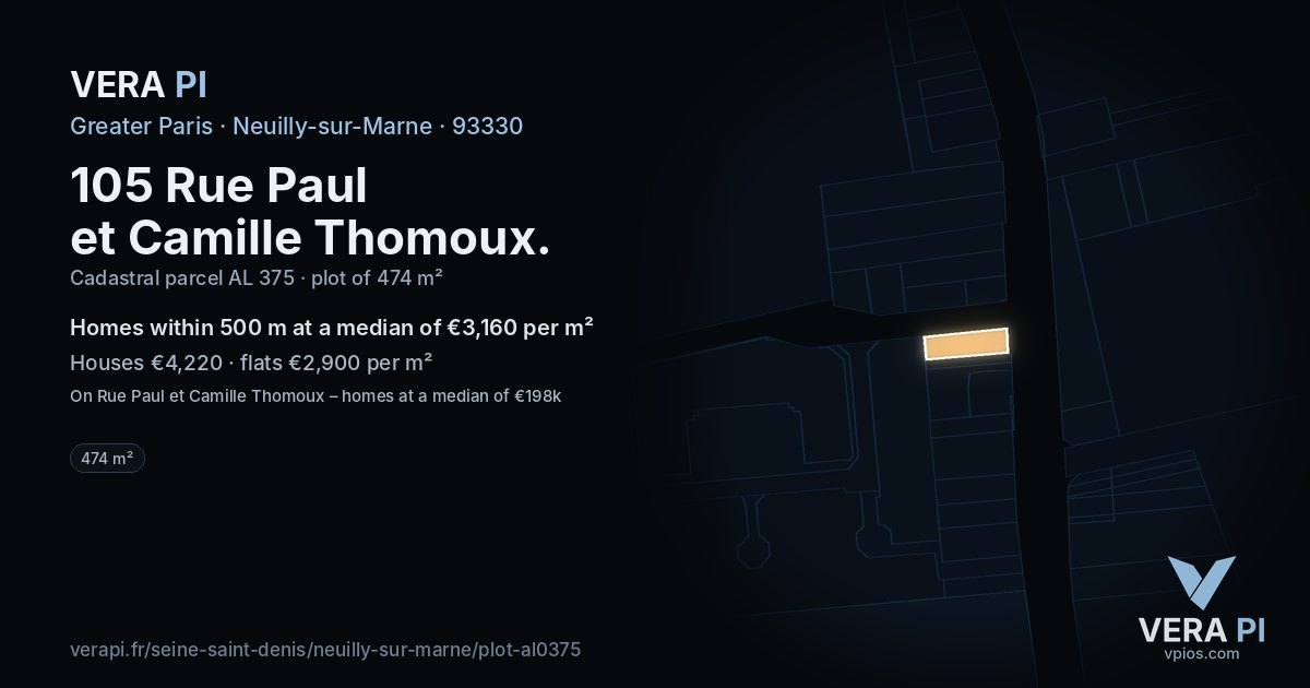 105 Rue Paul et Camille Thomoux, Neuilly-sur-Marne at night – the plot lit, the parcels around coloured by the prices near them