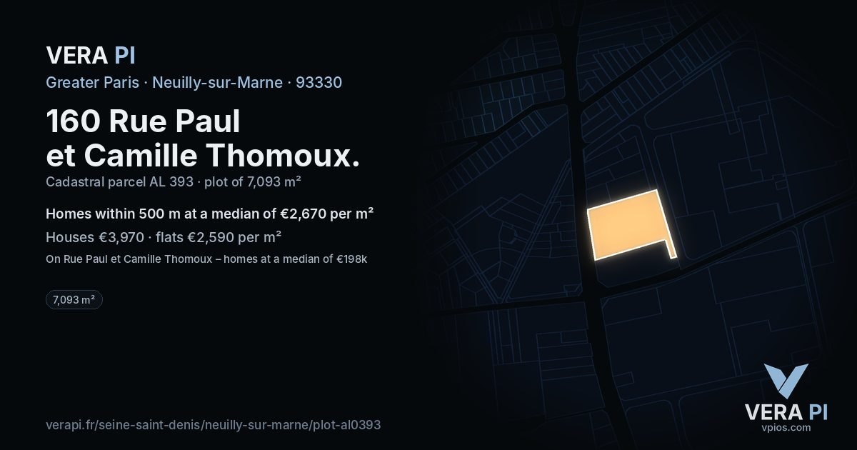 160 Rue Paul et Camille Thomoux, Neuilly-sur-Marne at night – the plot lit, the parcels around coloured by the prices near them