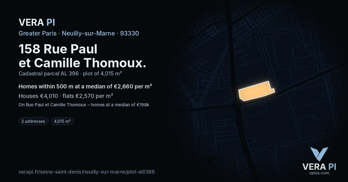 158 Rue Paul et Camille Thomoux, Neuilly-sur-Marne at night – the plot lit, the parcels around coloured by the prices near them
