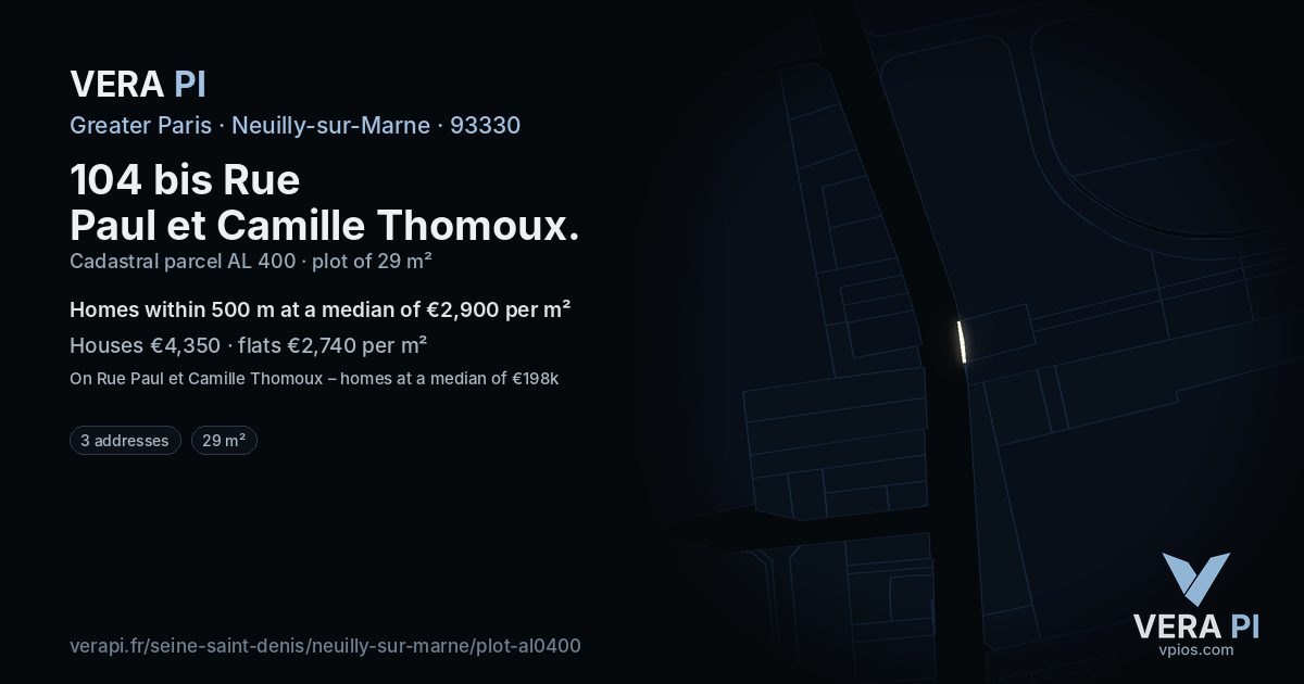 104 bis Rue Paul et Camille Thomoux, Neuilly-sur-Marne at night – the plot lit, the parcels around coloured by the prices near them