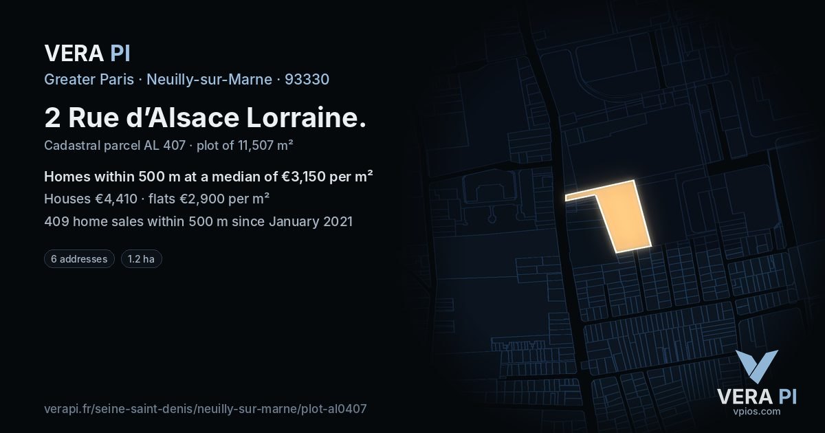 2 Rue d’Alsace Lorraine, Neuilly-sur-Marne at night – the plot lit, the parcels around coloured by the prices near them