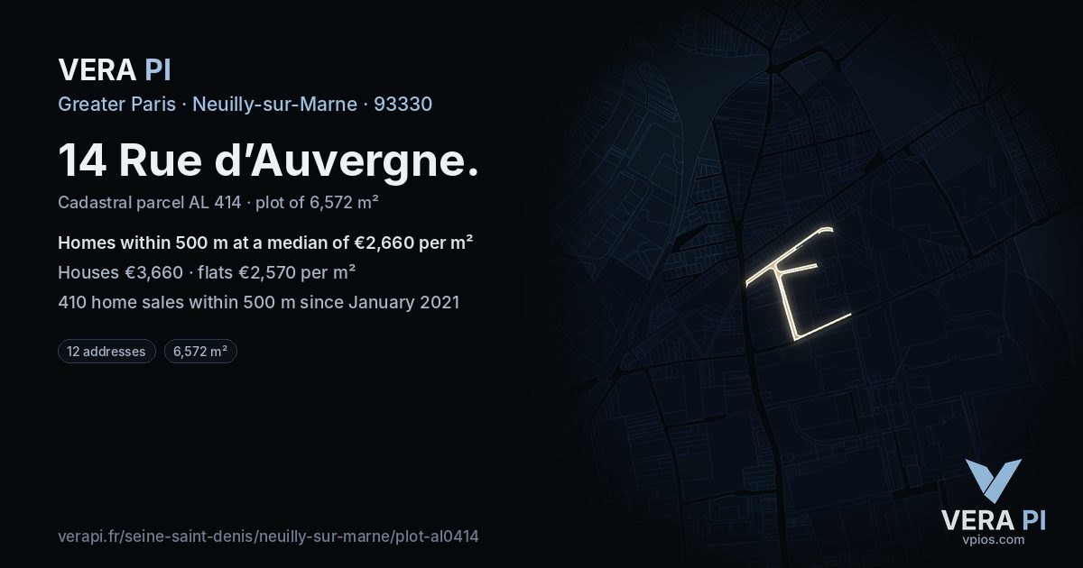 14 Rue d’Auvergne, Neuilly-sur-Marne at night – the plot lit, the parcels around coloured by the prices near them