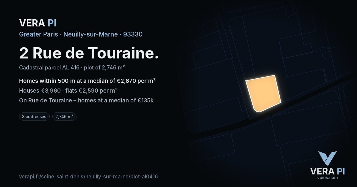 2 Rue de Touraine, Neuilly-sur-Marne at night – the plot lit, the parcels around coloured by the prices near them