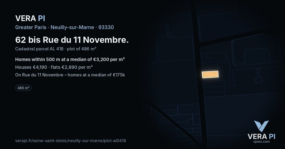 62 bis Rue du 11 Novembre, Neuilly-sur-Marne at night – the plot lit, the parcels around coloured by the prices near them