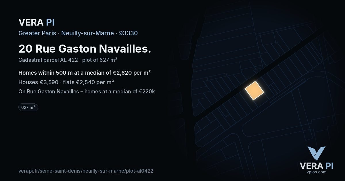 20 Rue Gaston Navailles, Neuilly-sur-Marne at night – the plot lit, the parcels around coloured by the prices near them