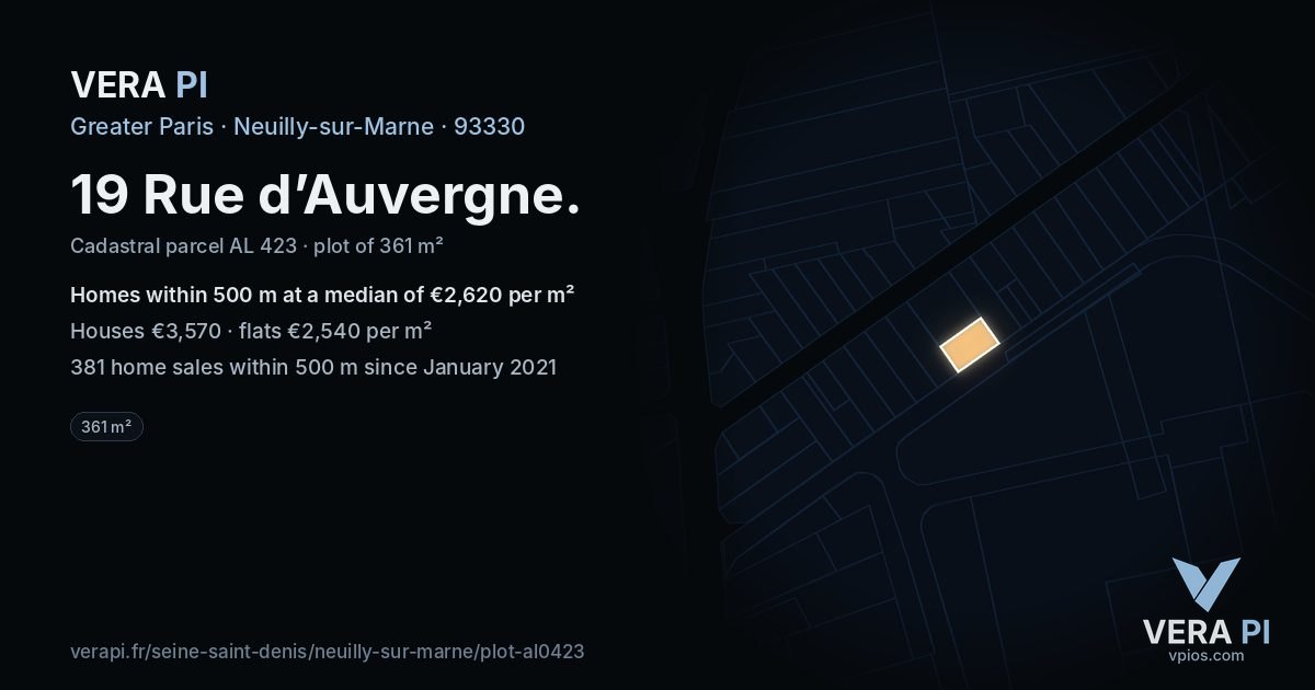 19 Rue d’Auvergne, Neuilly-sur-Marne at night – the plot lit, the parcels around coloured by the prices near them
