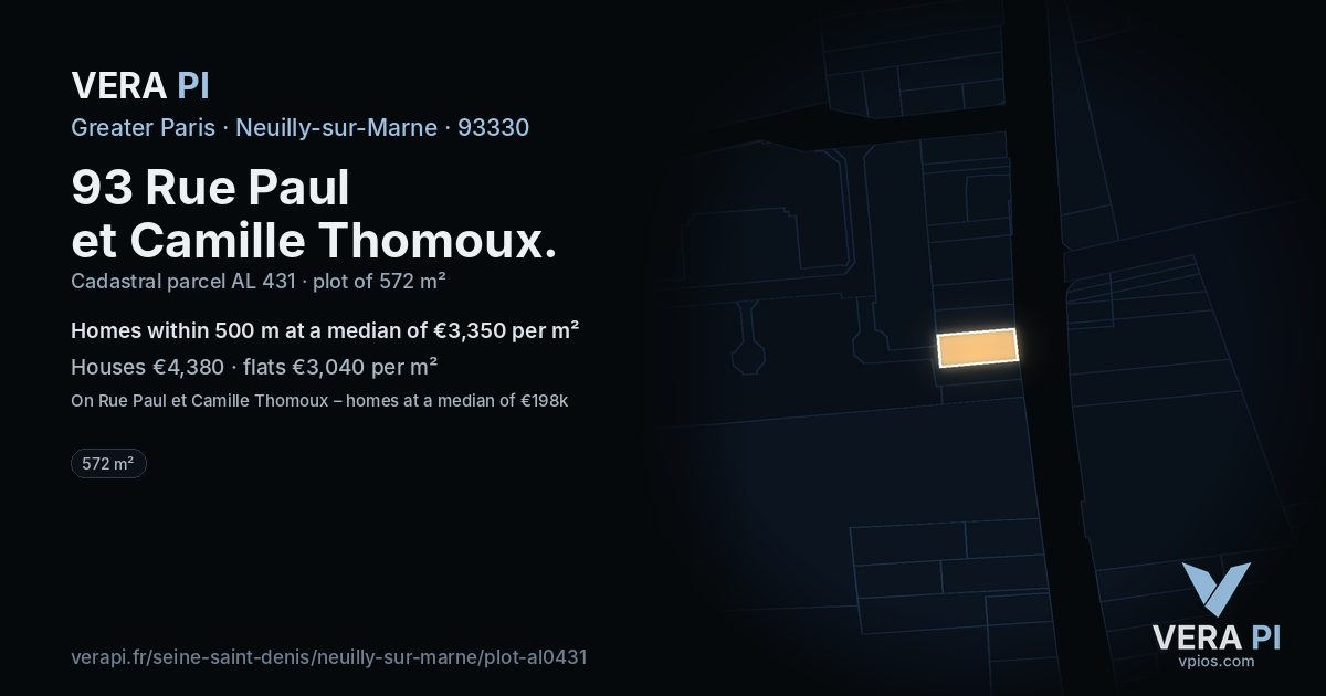 93 Rue Paul et Camille Thomoux, Neuilly-sur-Marne at night – the plot lit, the parcels around coloured by the prices near them