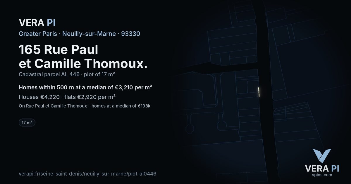 165 Rue Paul et Camille Thomoux, Neuilly-sur-Marne at night – the plot lit, the parcels around coloured by the prices near them
