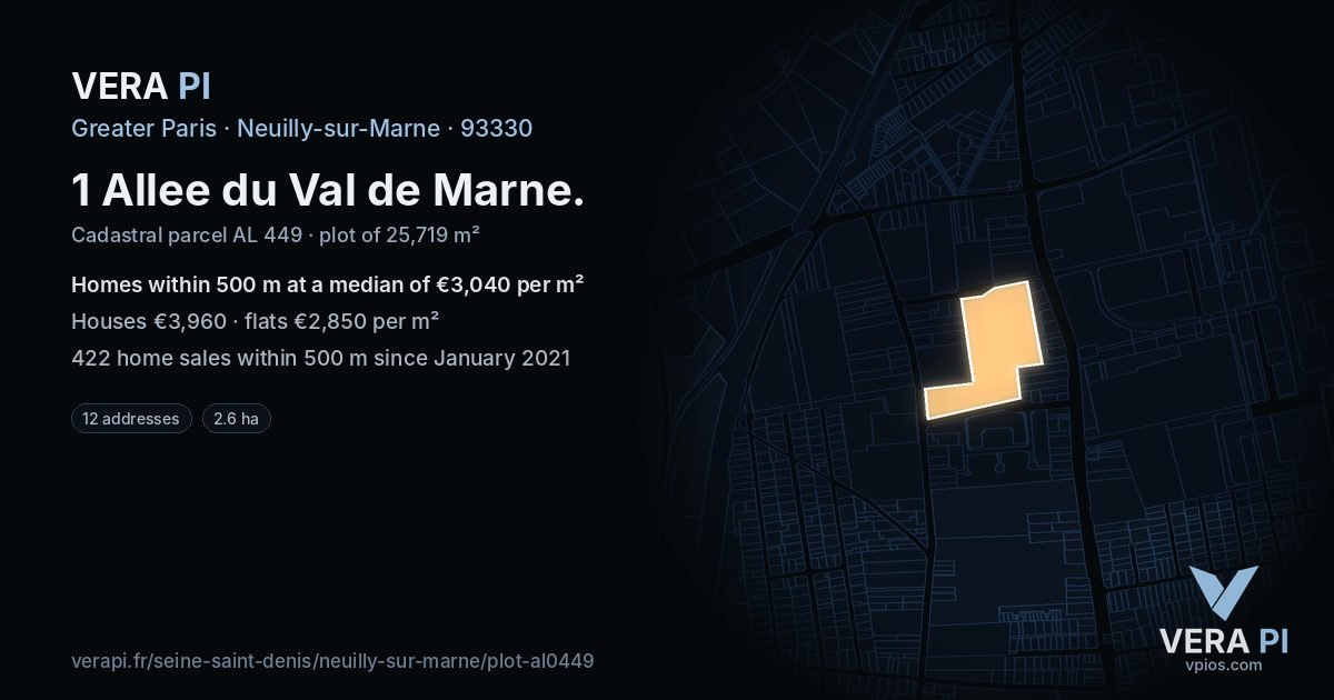 1 Allee du Val de Marne, Neuilly-sur-Marne at night – the plot lit, the parcels around coloured by the prices near them