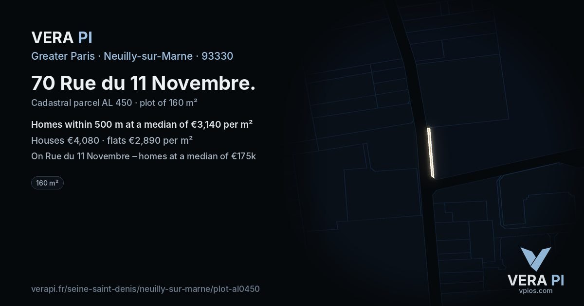 70 Rue du 11 Novembre, Neuilly-sur-Marne at night – the plot lit, the parcels around coloured by the prices near them