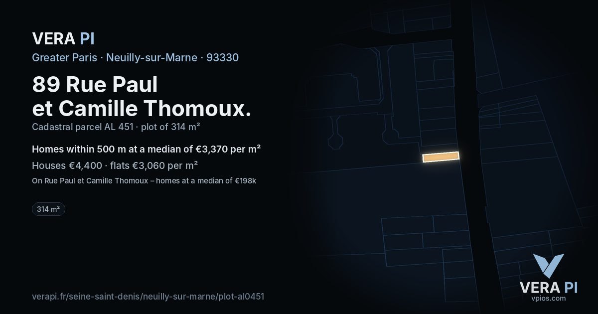 89 Rue Paul et Camille Thomoux, Neuilly-sur-Marne at night – the plot lit, the parcels around coloured by the prices near them