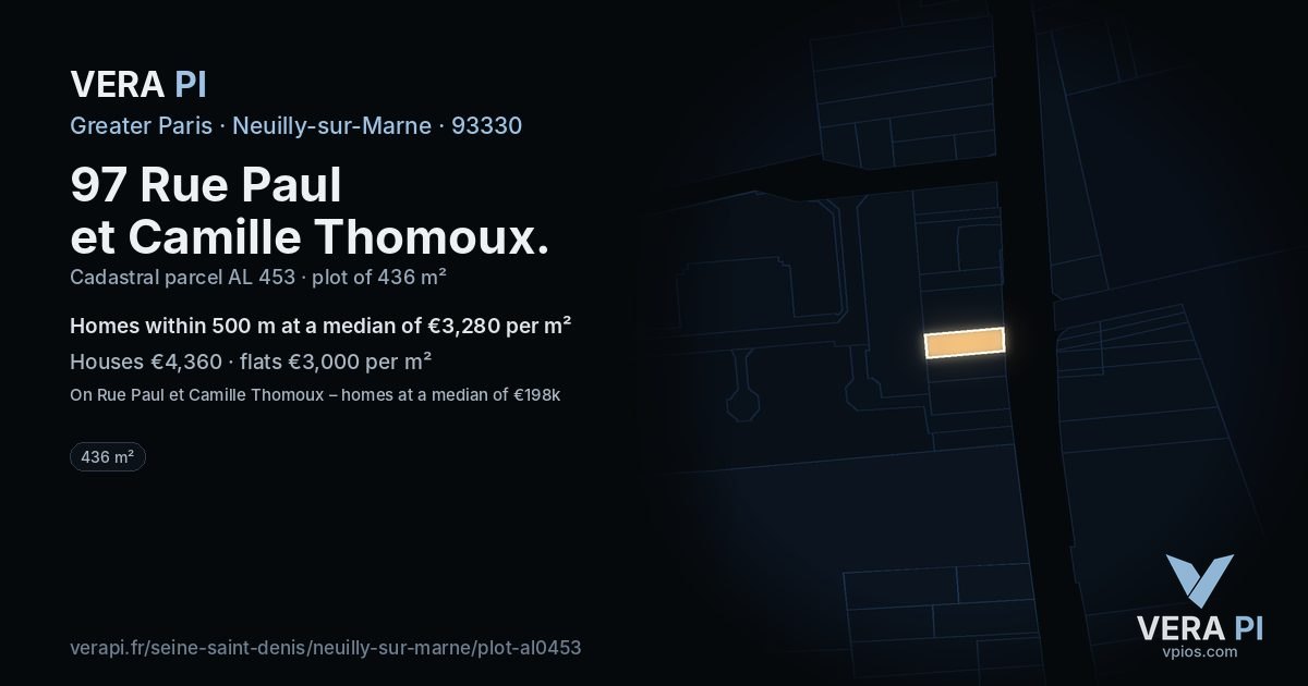 97 Rue Paul et Camille Thomoux, Neuilly-sur-Marne at night – the plot lit, the parcels around coloured by the prices near them