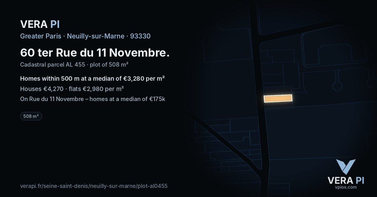 60 ter Rue du 11 Novembre, Neuilly-sur-Marne at night – the plot lit, the parcels around coloured by the prices near them