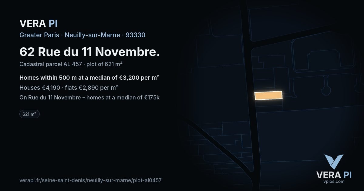 62 Rue du 11 Novembre, Neuilly-sur-Marne at night – the plot lit, the parcels around coloured by the prices near them