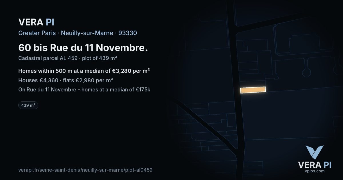 60 bis Rue du 11 Novembre, Neuilly-sur-Marne at night – the plot lit, the parcels around coloured by the prices near them