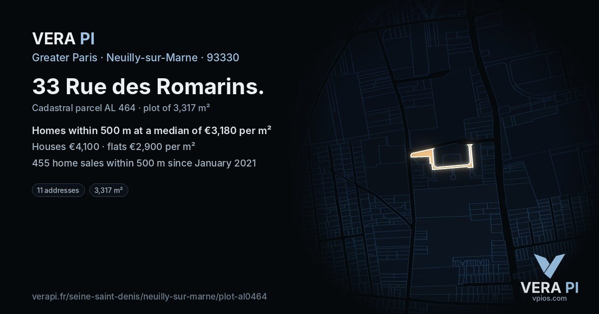 33 Rue des Romarins, Neuilly-sur-Marne at night – the plot lit, the parcels around coloured by the prices near them