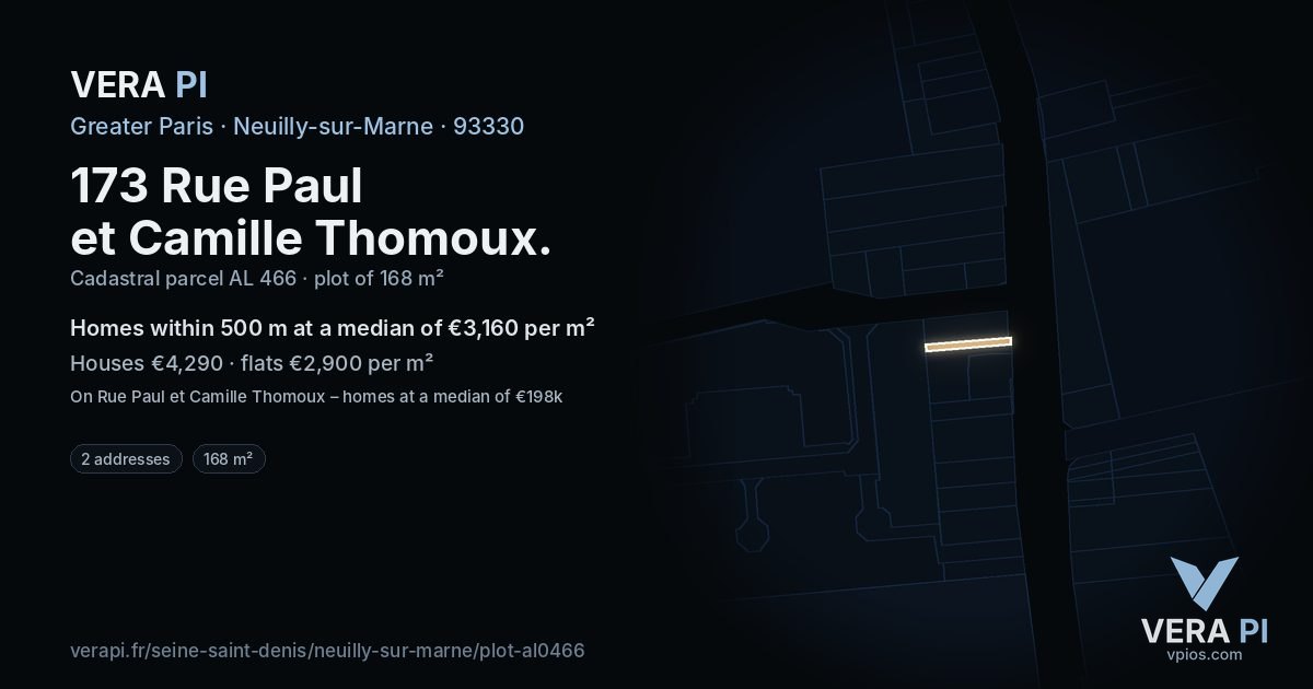 173 Rue Paul et Camille Thomoux, Neuilly-sur-Marne at night – the plot lit, the parcels around coloured by the prices near them