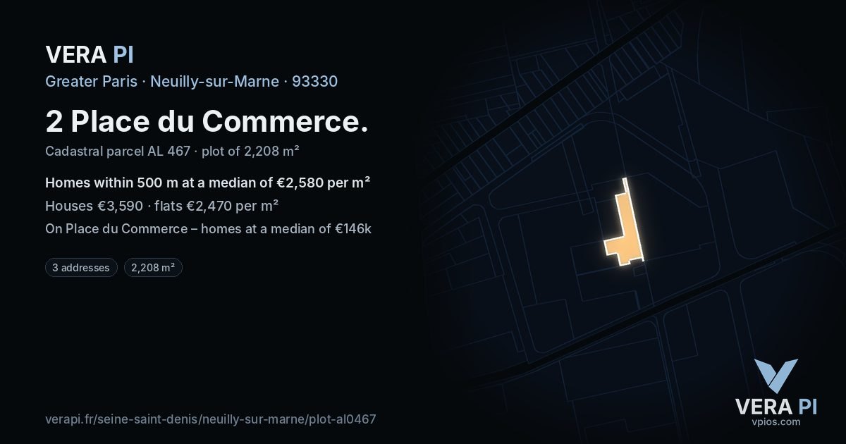 2 Place du Commerce, Neuilly-sur-Marne at night – the plot lit, the parcels around coloured by the prices near them