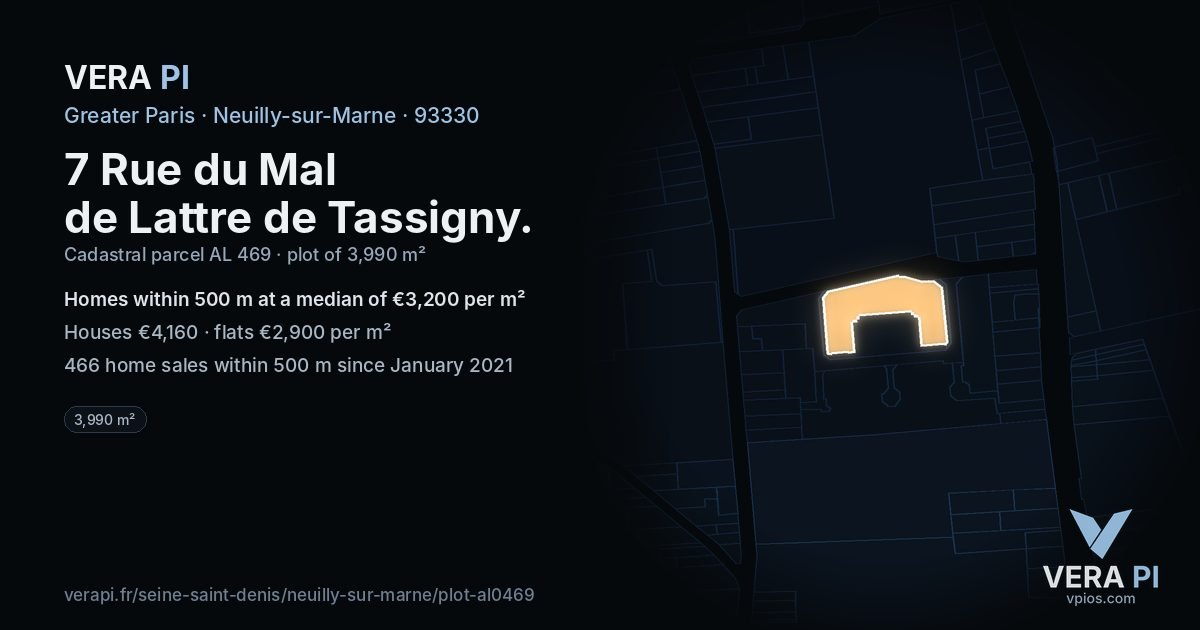 7 Rue du Mal de Lattre de Tassigny, Neuilly-sur-Marne at night – the plot lit, the parcels around coloured by the prices near them