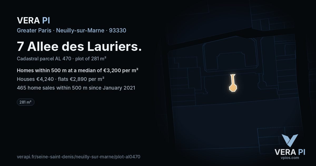 7 Allee des Lauriers, Neuilly-sur-Marne at night – the plot lit, the parcels around coloured by the prices near them