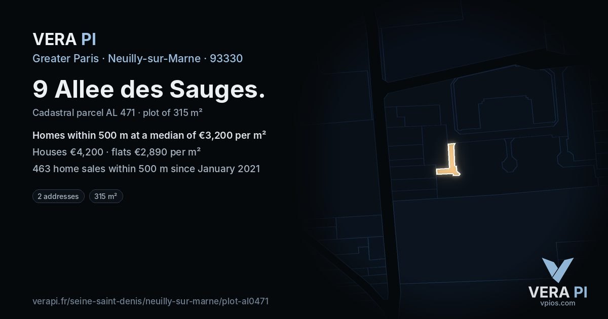 9 Allee des Sauges, Neuilly-sur-Marne at night – the plot lit, the parcels around coloured by the prices near them