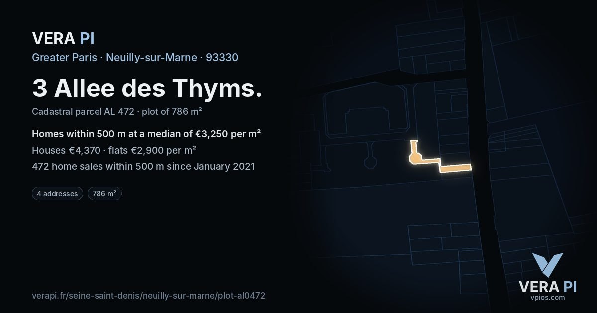 3 Allee des Thyms, Neuilly-sur-Marne at night – the plot lit, the parcels around coloured by the prices near them