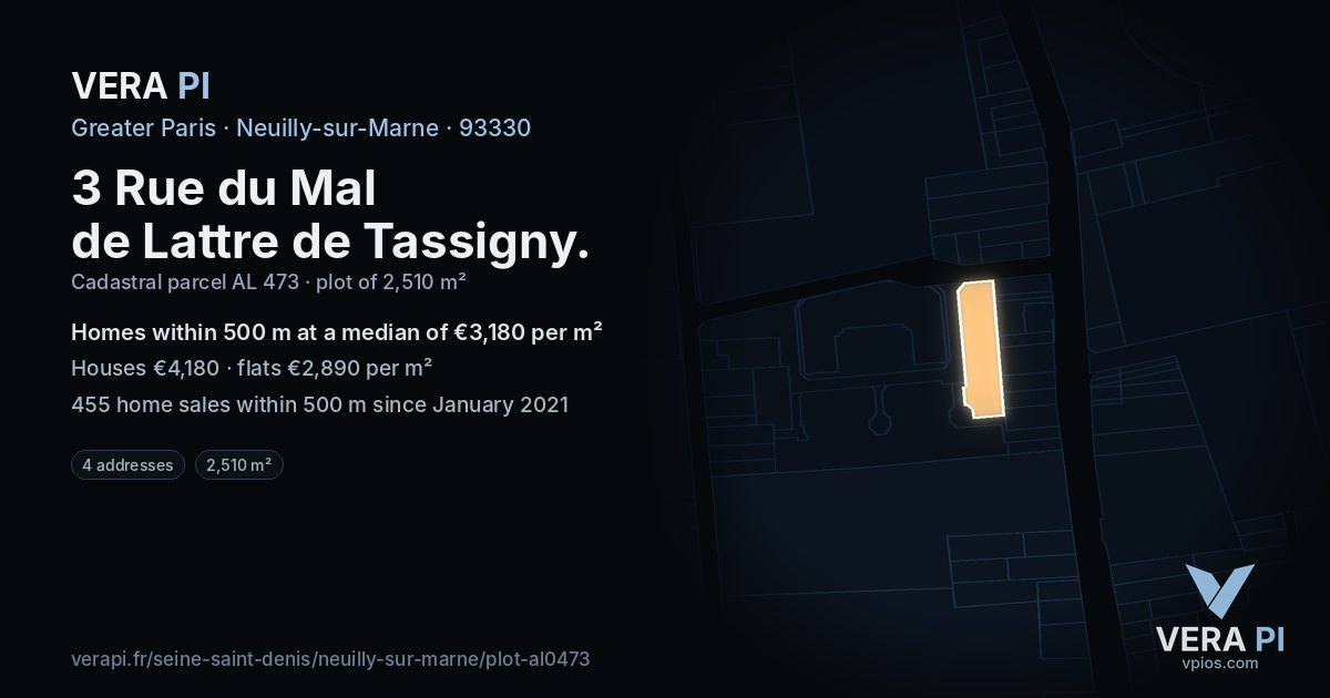 3 Rue du Mal de Lattre de Tassigny, Neuilly-sur-Marne at night – the plot lit, the parcels around coloured by the prices near them