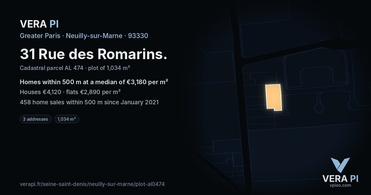 31 Rue des Romarins, Neuilly-sur-Marne at night – the plot lit, the parcels around coloured by the prices near them