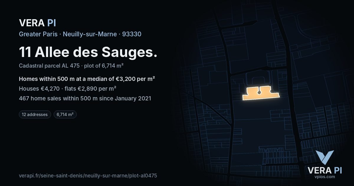 11 Allee des Sauges, Neuilly-sur-Marne at night – the plot lit, the parcels around coloured by the prices near them