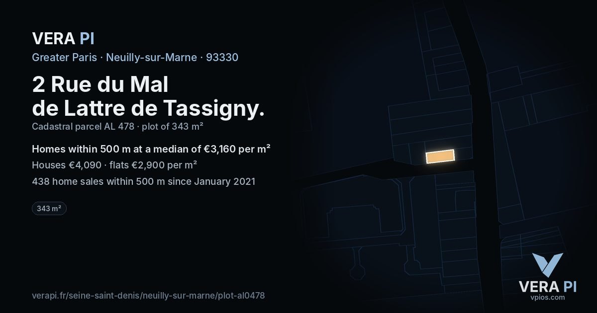 2 Rue du Mal de Lattre de Tassigny, Neuilly-sur-Marne at night – the plot lit, the parcels around coloured by the prices near them