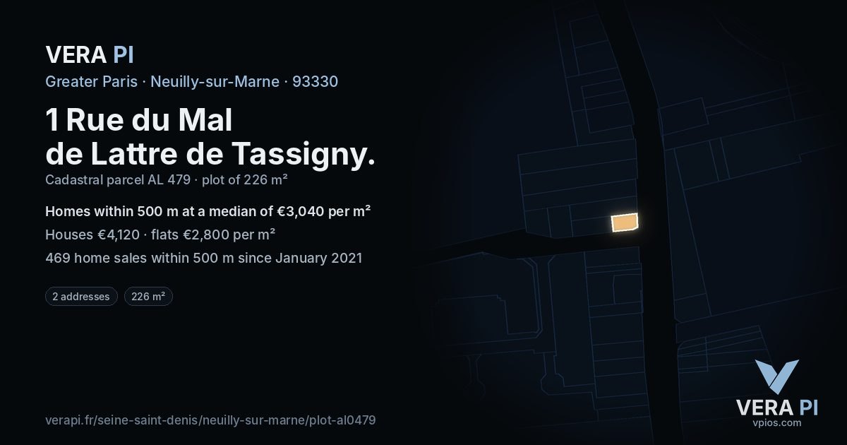 1 Rue du Mal de Lattre de Tassigny, Neuilly-sur-Marne at night – the plot lit, the parcels around coloured by the prices near them