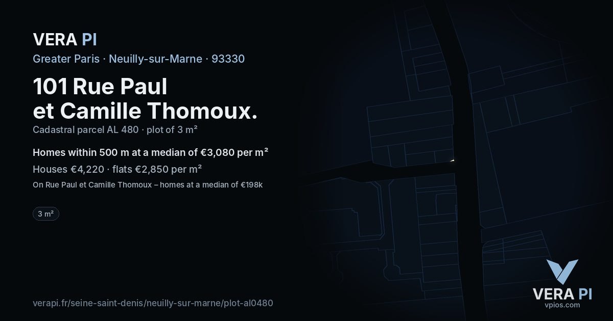 101 Rue Paul et Camille Thomoux, Neuilly-sur-Marne at night – the plot lit, the parcels around coloured by the prices near them