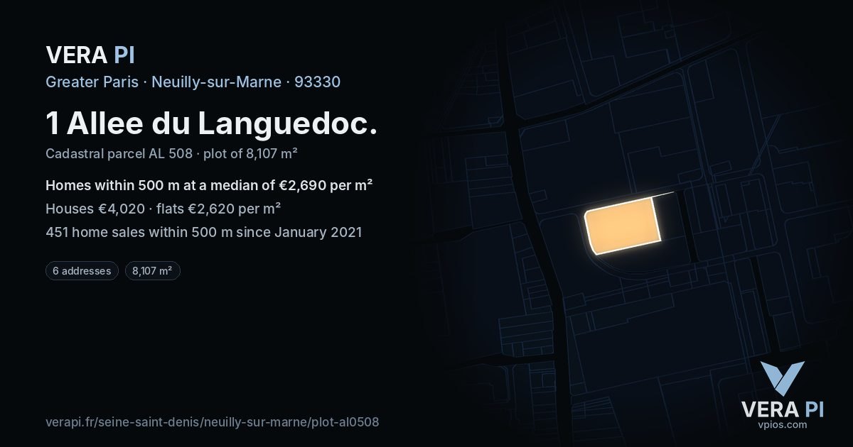 1 Allee du Languedoc, Neuilly-sur-Marne at night – the plot lit, the parcels around coloured by the prices near them