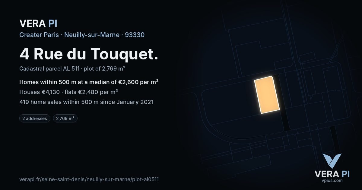 4 Rue du Touquet, Neuilly-sur-Marne at night – the plot lit, the parcels around coloured by the prices near them