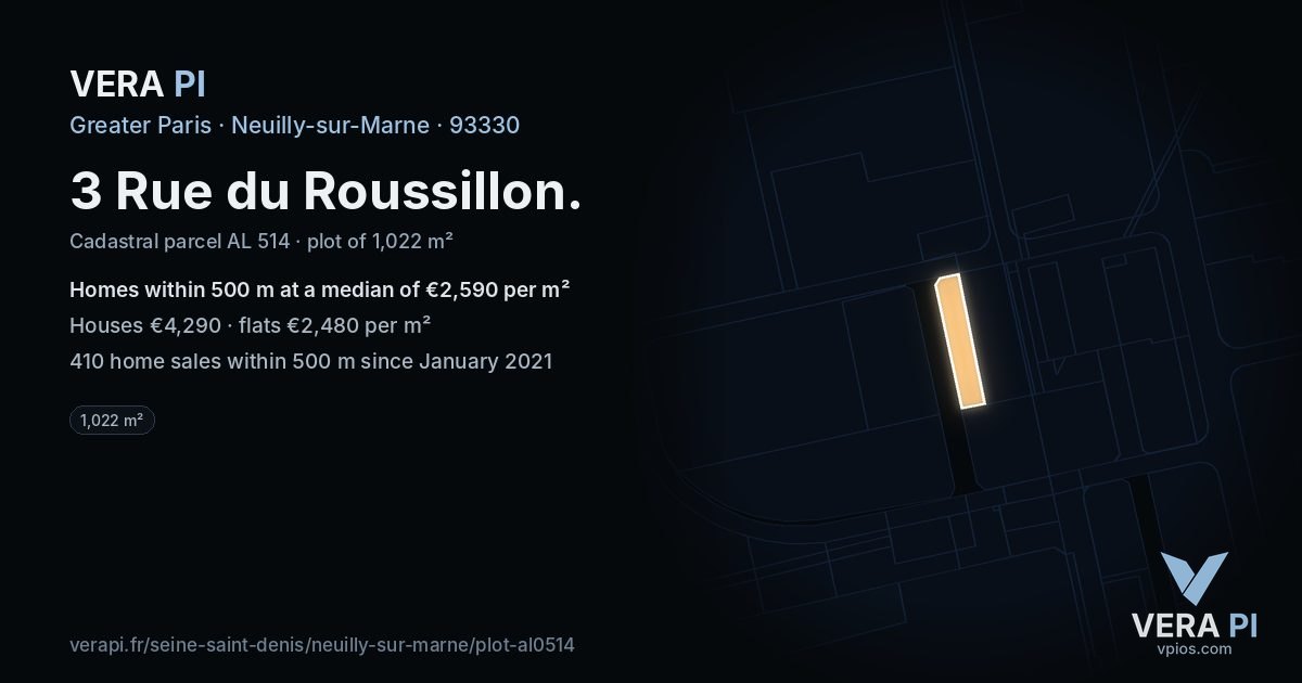 3 Rue du Roussillon, Neuilly-sur-Marne at night – the plot lit, the parcels around coloured by the prices near them