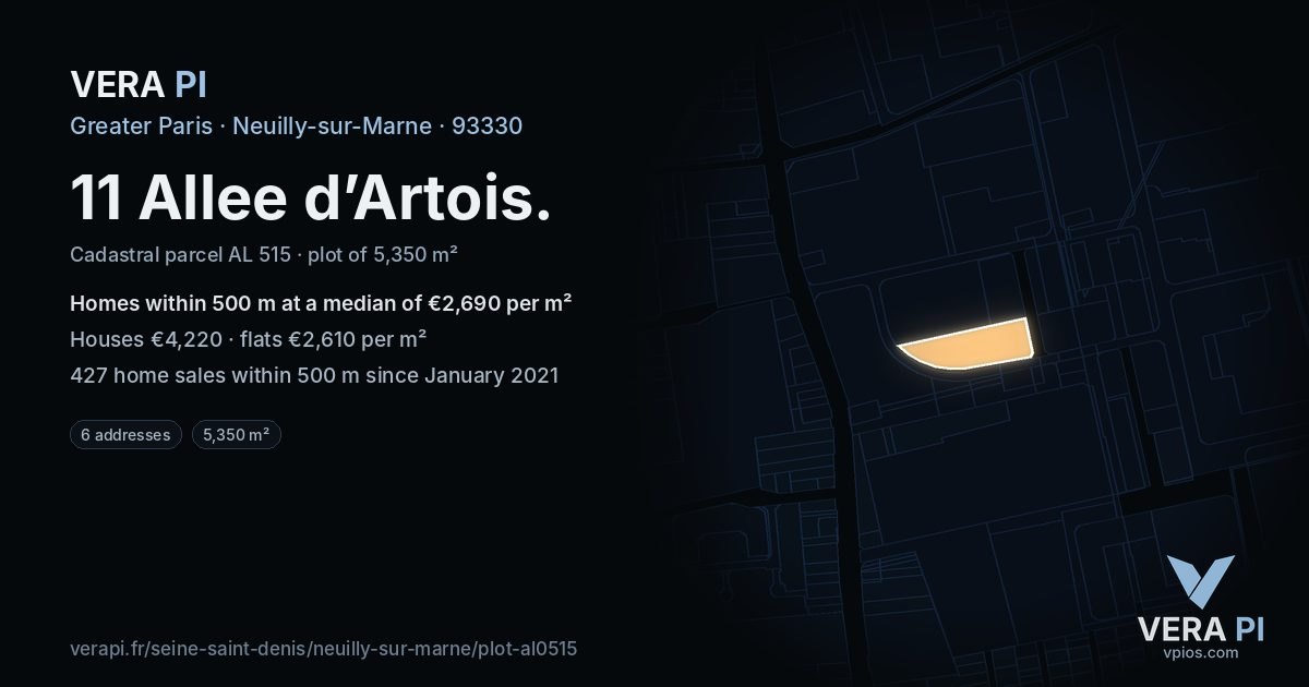 11 Allee d’Artois, Neuilly-sur-Marne at night – the plot lit, the parcels around coloured by the prices near them
