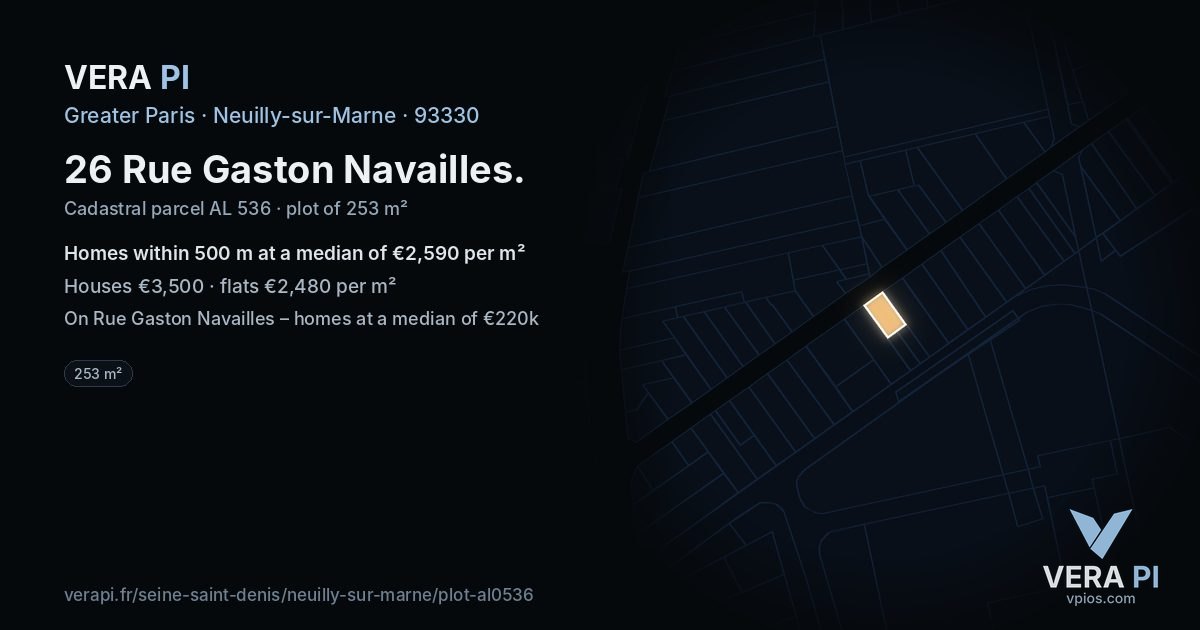 26 Rue Gaston Navailles, Neuilly-sur-Marne at night – the plot lit, the parcels around coloured by the prices near them