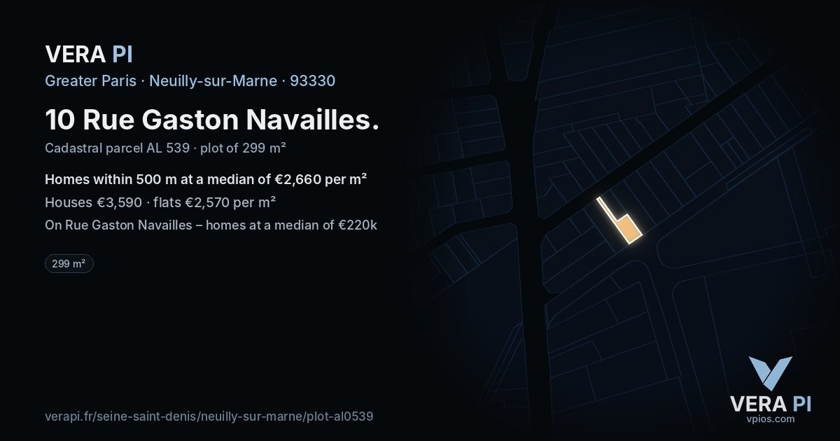 10 Rue Gaston Navailles, Neuilly-sur-Marne at night – the plot lit, the parcels around coloured by the prices near them