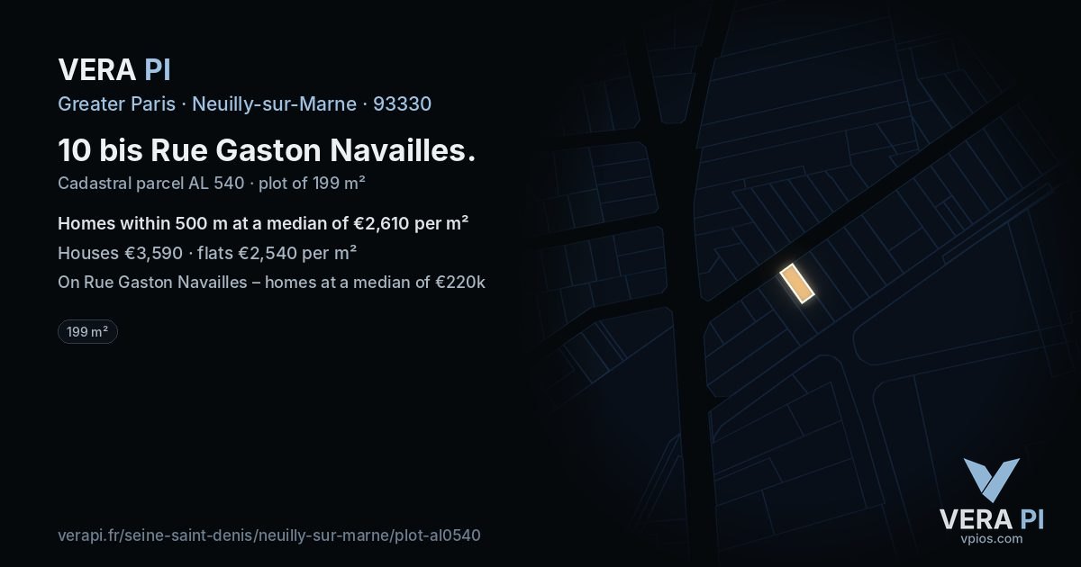 10 bis Rue Gaston Navailles, Neuilly-sur-Marne at night – the plot lit, the parcels around coloured by the prices near them