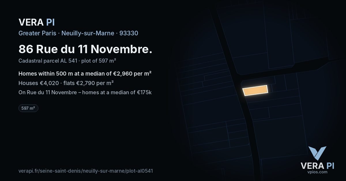 86 Rue du 11 Novembre, Neuilly-sur-Marne at night – the plot lit, the parcels around coloured by the prices near them