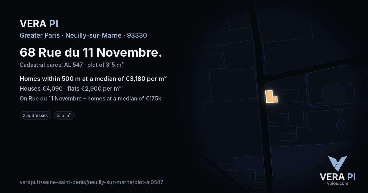 68 Rue du 11 Novembre, Neuilly-sur-Marne at night – the plot lit, the parcels around coloured by the prices near them