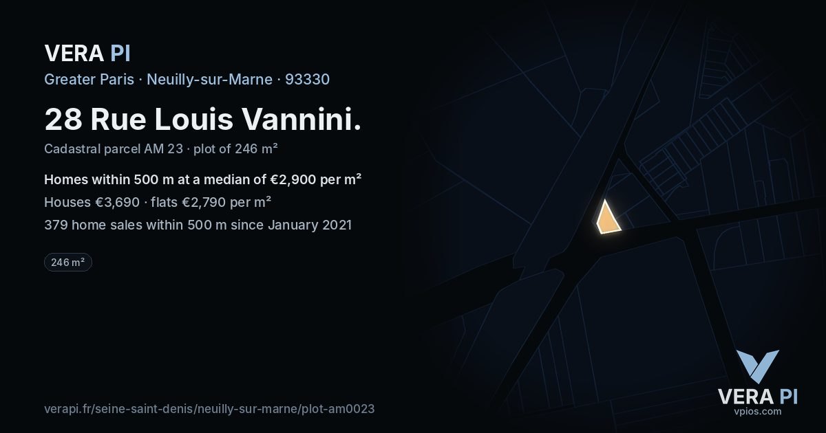 28 Rue Louis Vannini, Neuilly-sur-Marne at night – the plot lit, the parcels around coloured by the prices near them