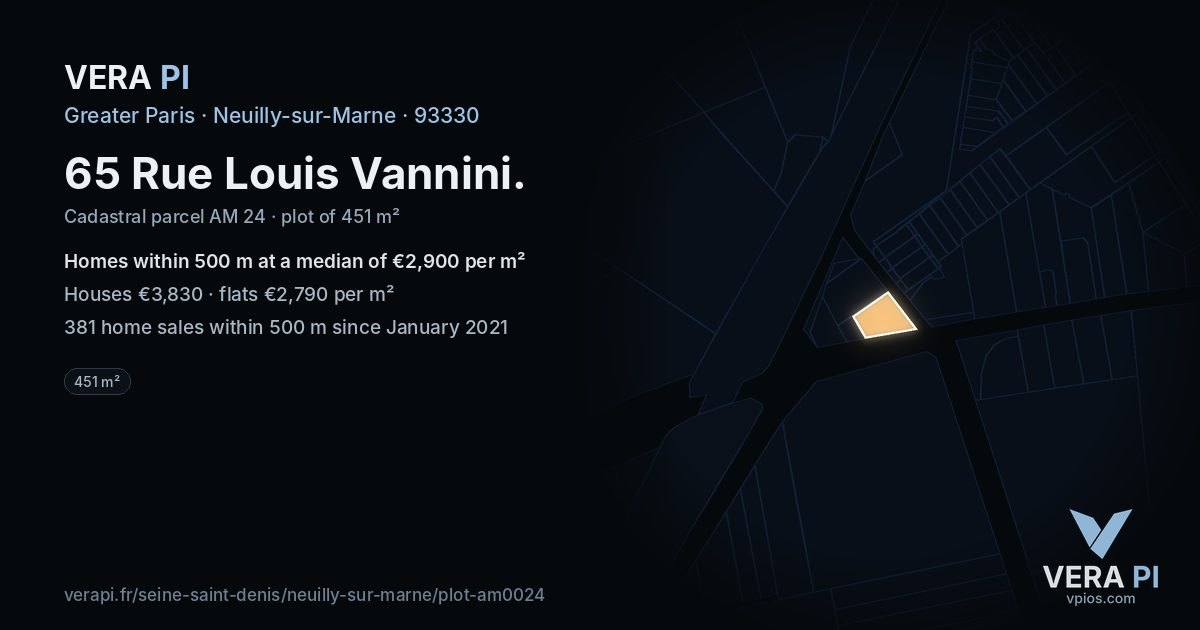65 Rue Louis Vannini, Neuilly-sur-Marne at night – the plot lit, the parcels around coloured by the prices near them