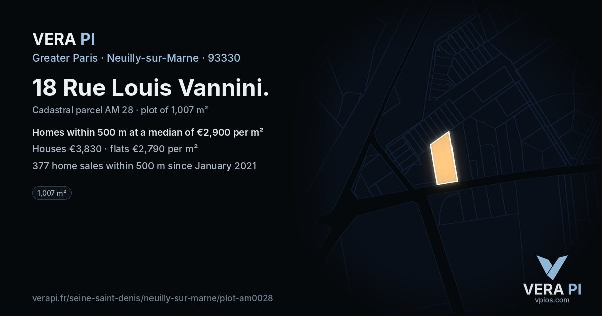 18 Rue Louis Vannini, Neuilly-sur-Marne at night – the plot lit, the parcels around coloured by the prices near them
