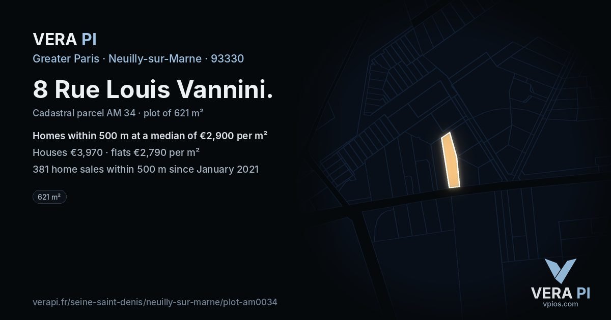 8 Rue Louis Vannini, Neuilly-sur-Marne at night – the plot lit, the parcels around coloured by the prices near them