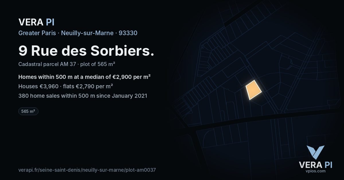 9 Rue des Sorbiers, Neuilly-sur-Marne at night – the plot lit, the parcels around coloured by the prices near them